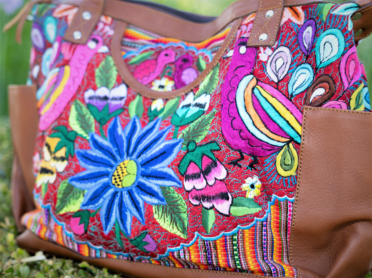 Artisan Bag Convertible Day Bag 100% full grain leather, birds and flowers huipil