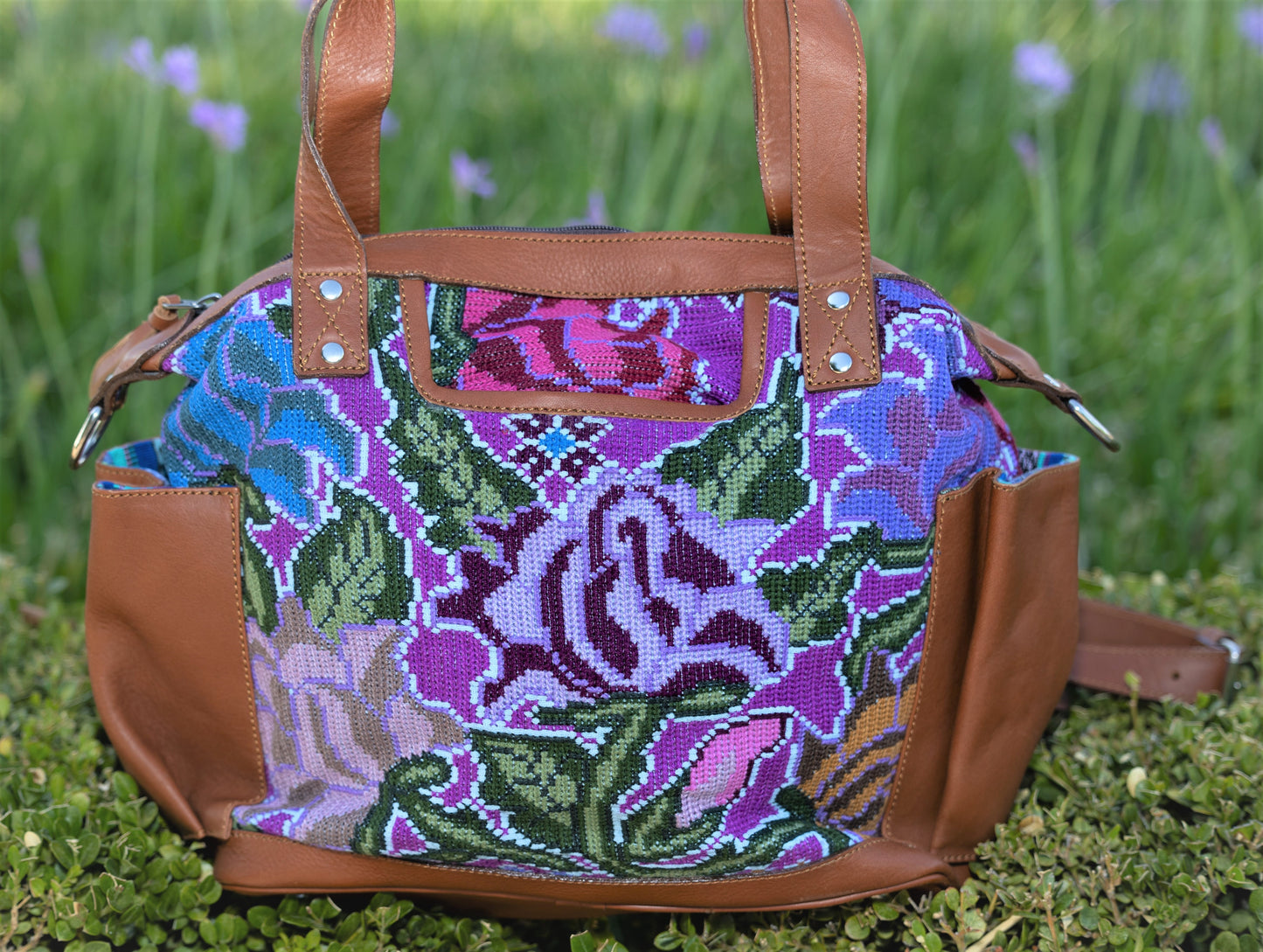 Artisan Bag Convertible Day Bag 100% full grain leather flowers