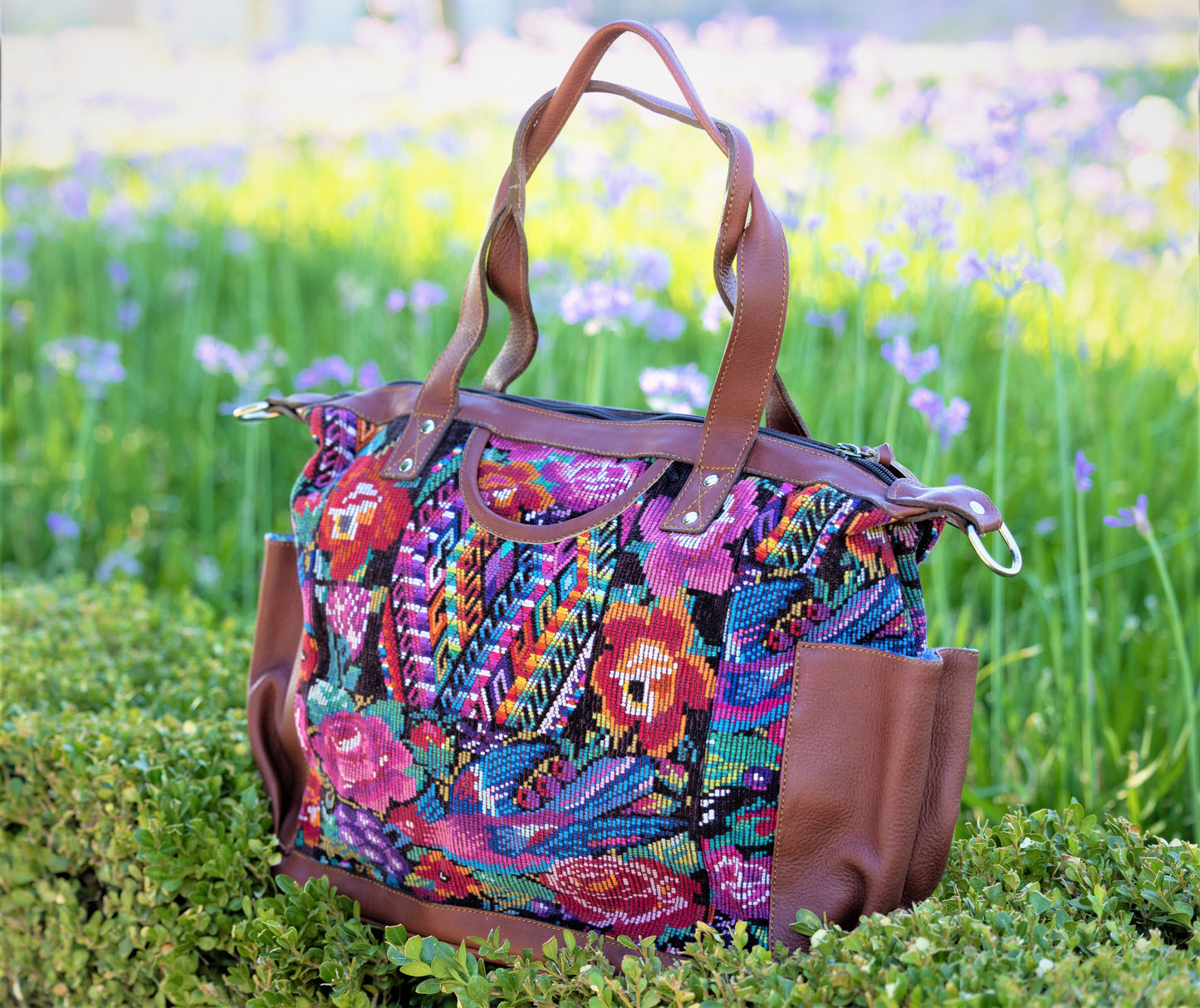 Artisan Bag Convertible Day Bag 100% full grain leather, roses and geometic