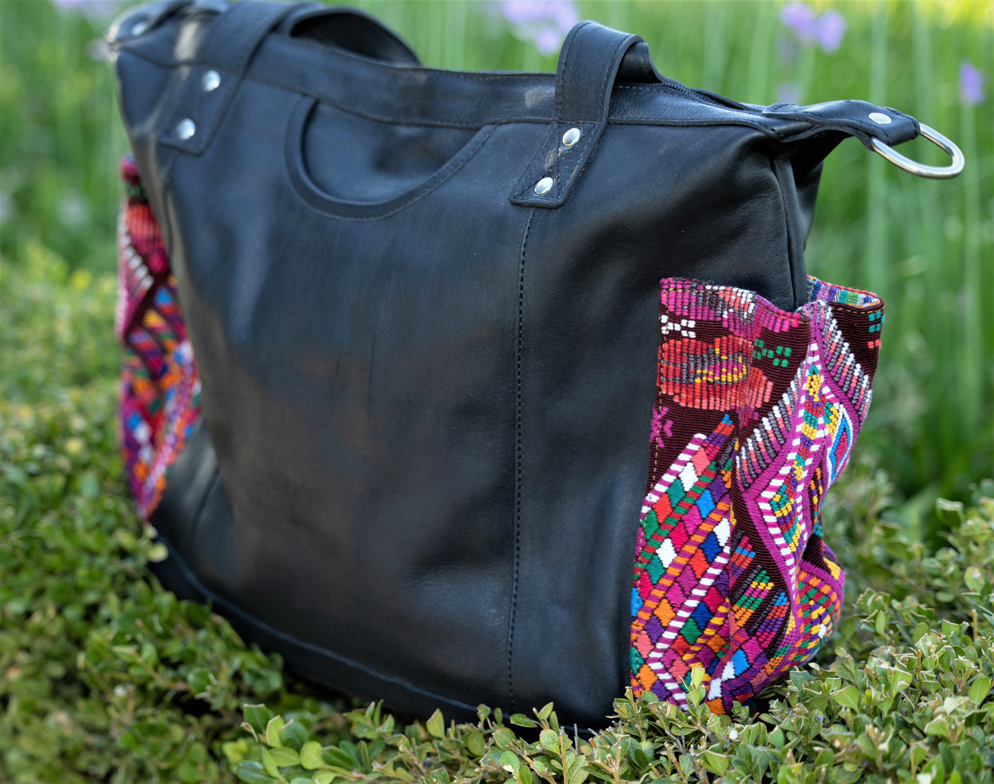 Artisan Bag Convertible Day Bag 100% black full grain leather with huipil pockets