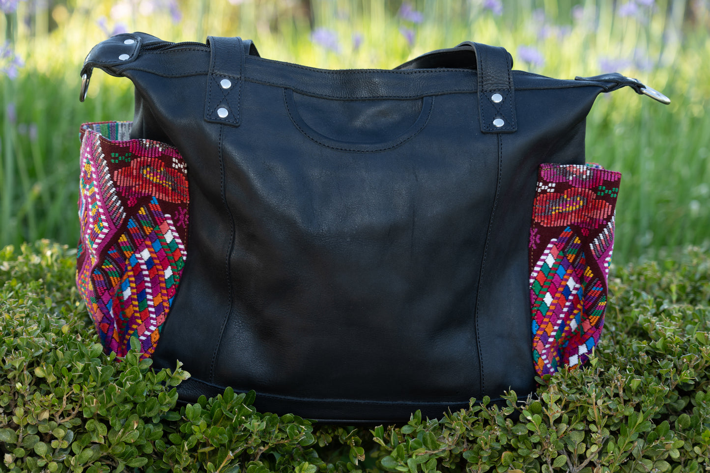 Artisan Bag Convertible Day Bag 100% black full grain leather with huipil pockets