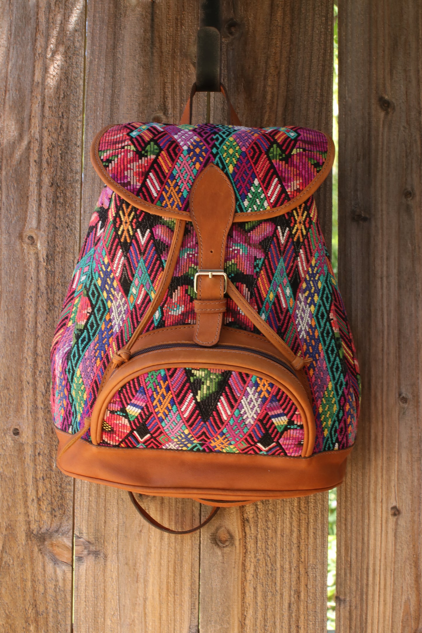 Backpack 100% full grain leather Artisan Bag and vintage huipil